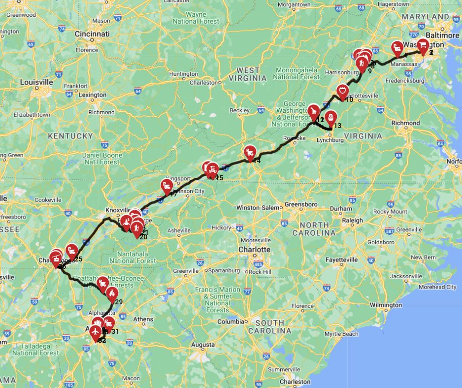 Map for Washington DC to Atlanta